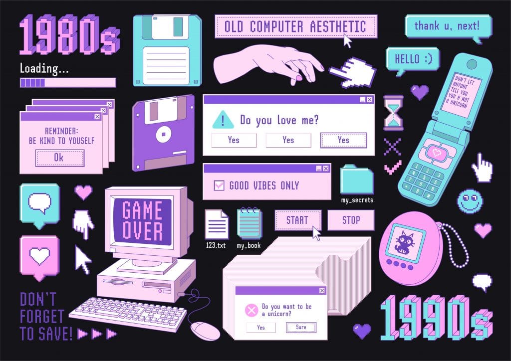 Sticker pack of retro pc elements. Old computer aestethic. Set of user interface elements and technology illustration in trendy retrowave style. Nostalgia for 1980s -1990s.