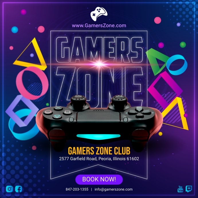 colourful advert for gamers zone club with back of dual shock 4 controller in middle below a large gamers zone logo