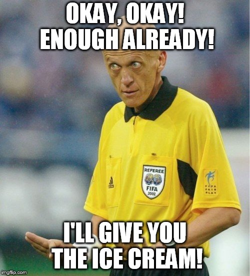 meme of football referee Pierre Luigi Colina in a yellow referee shirt and large Fifa 2002 world cup badge on his breast pocket