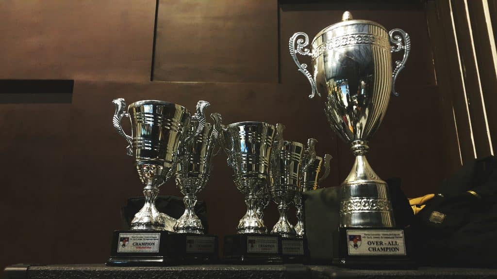 multiple silver cup trophies displayed with a dark background with visible badger reading over all champion