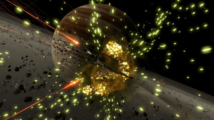 video game explosion in space with green and red particles arounbd spaceship in orbit around planet