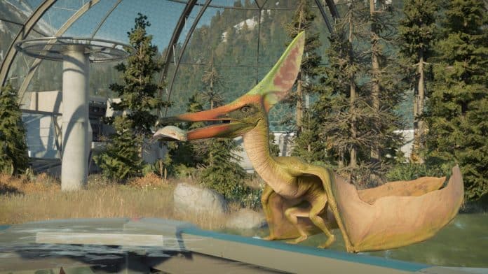 CGI image of a small flying dinosaur with a fish in its mouth facing to the left next to a pool from the video game Jurassic Evolution 2: Late Cretaceous Pack