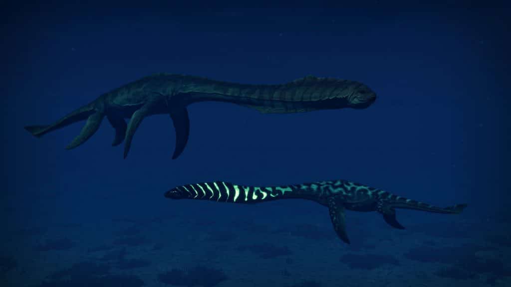 CGI image of thin dark dinosaurs in opposite directions in a dark blue sea from the game Jurassic World Evolution 2