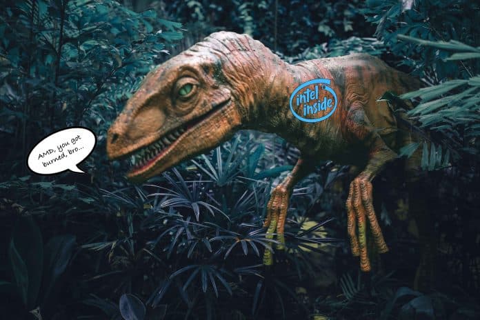 Raptor dinosaur in a jungle with Intel inside logo and speech bubble